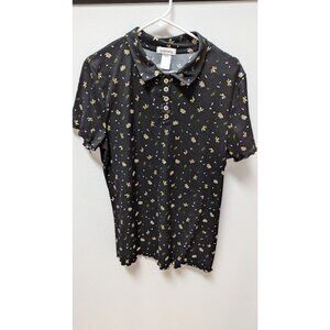 Lovely Bubbly Black Daisy Floral Ribbed Blouse
